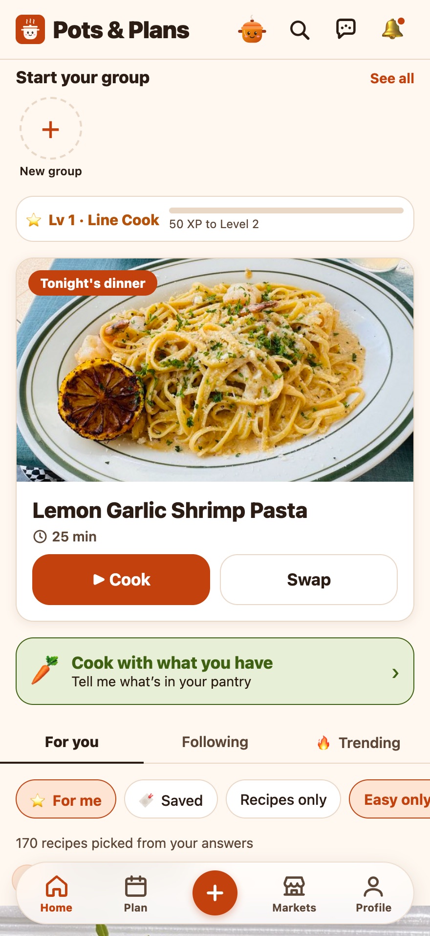 Home screen with tonight's dinner
