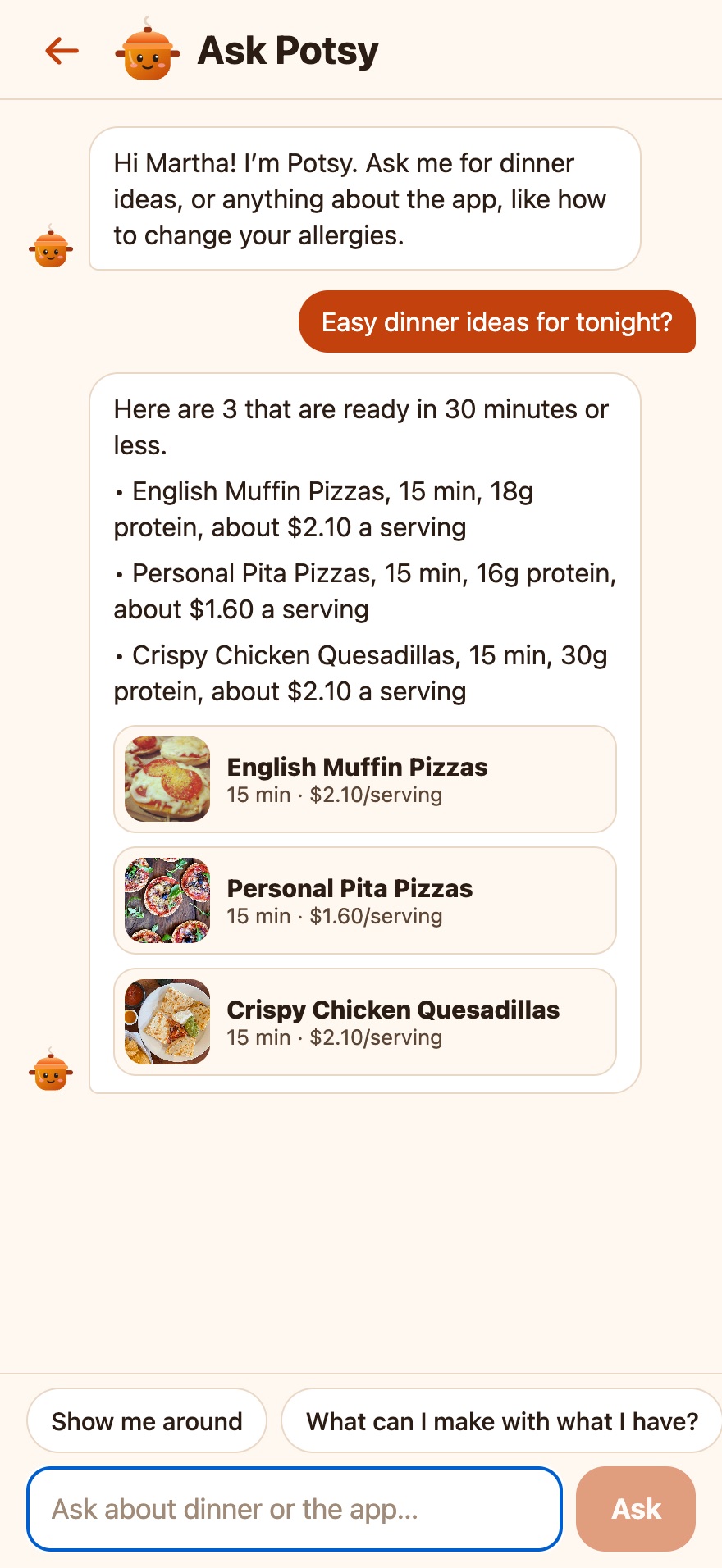 Asking Potsy for dinner ideas